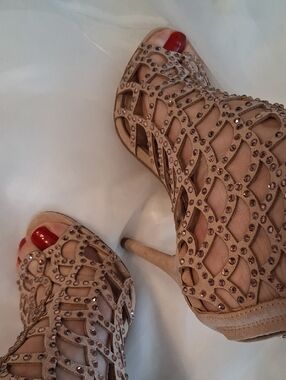 Women's Beige Cutout Rhinestone Peep-Toe Stilettos Booties